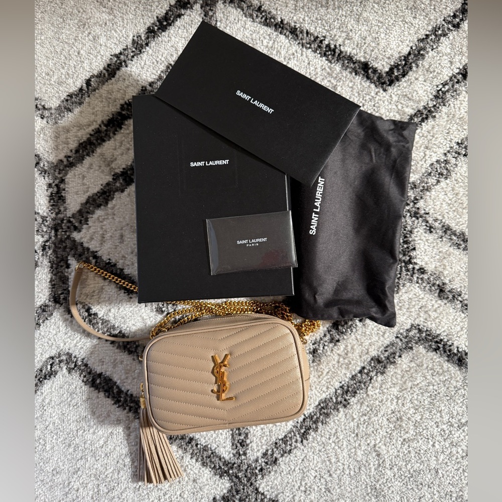 Saint Laurent Grain De Poudre Matelasse Monogram Mini Lou Camera Bag Dark Beige